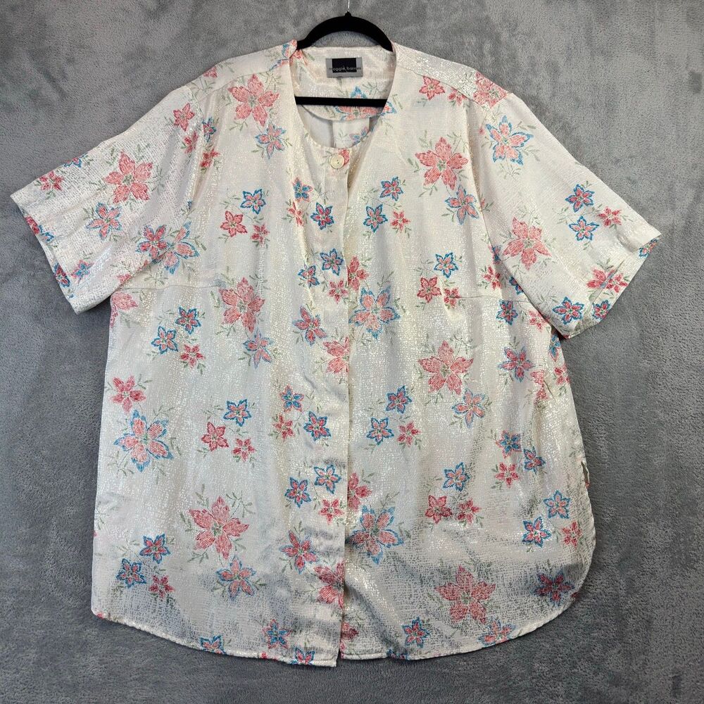 Maggie Barnes Blouse Womens 4X White Coral Floral Shimmer Metallic Vintage Top